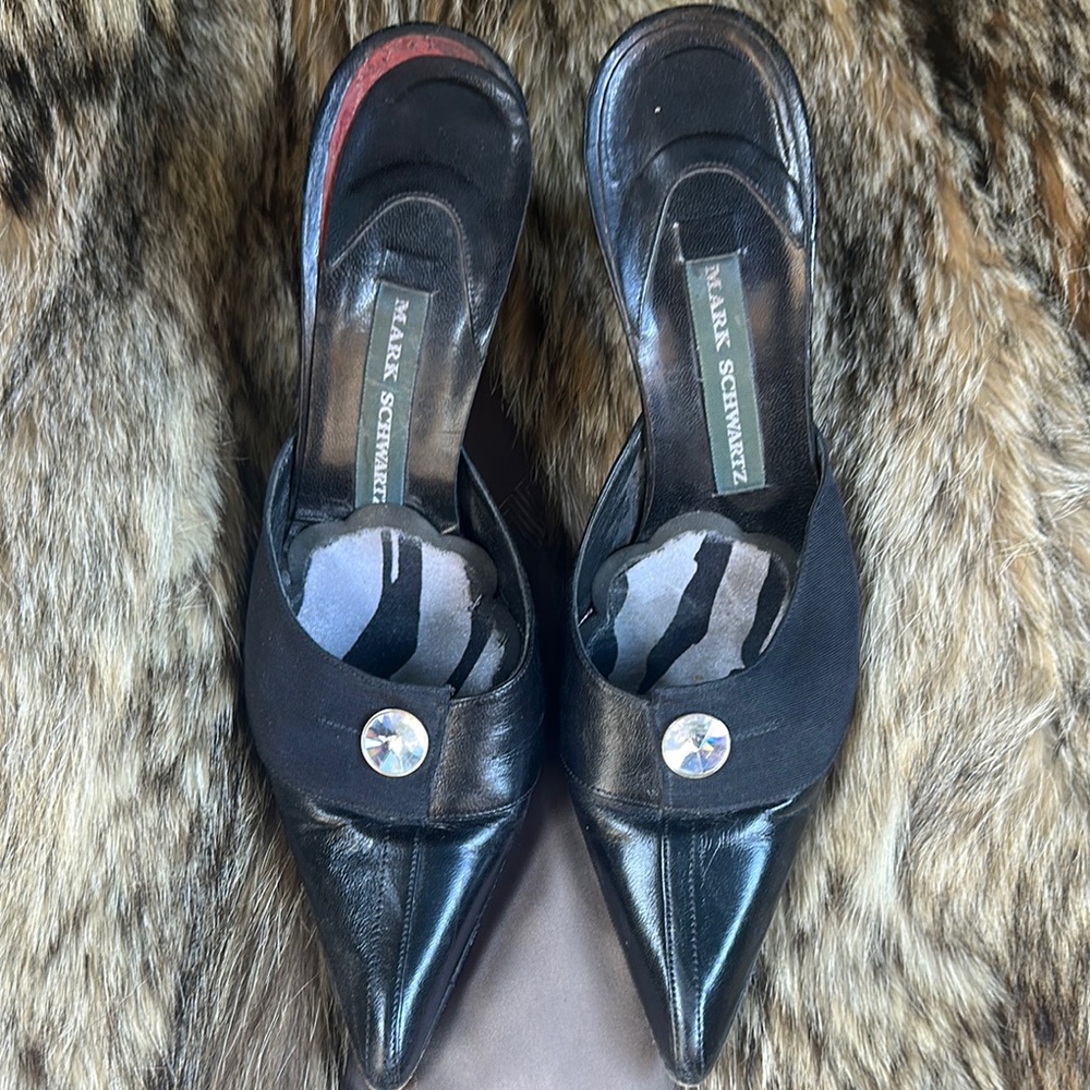 Black Leather Mules with Crystal Accent